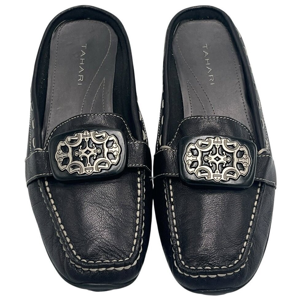 Tahari Womens Leather Mules 8.5M Black Greta Slip On Shoes Flats Metal Medallion